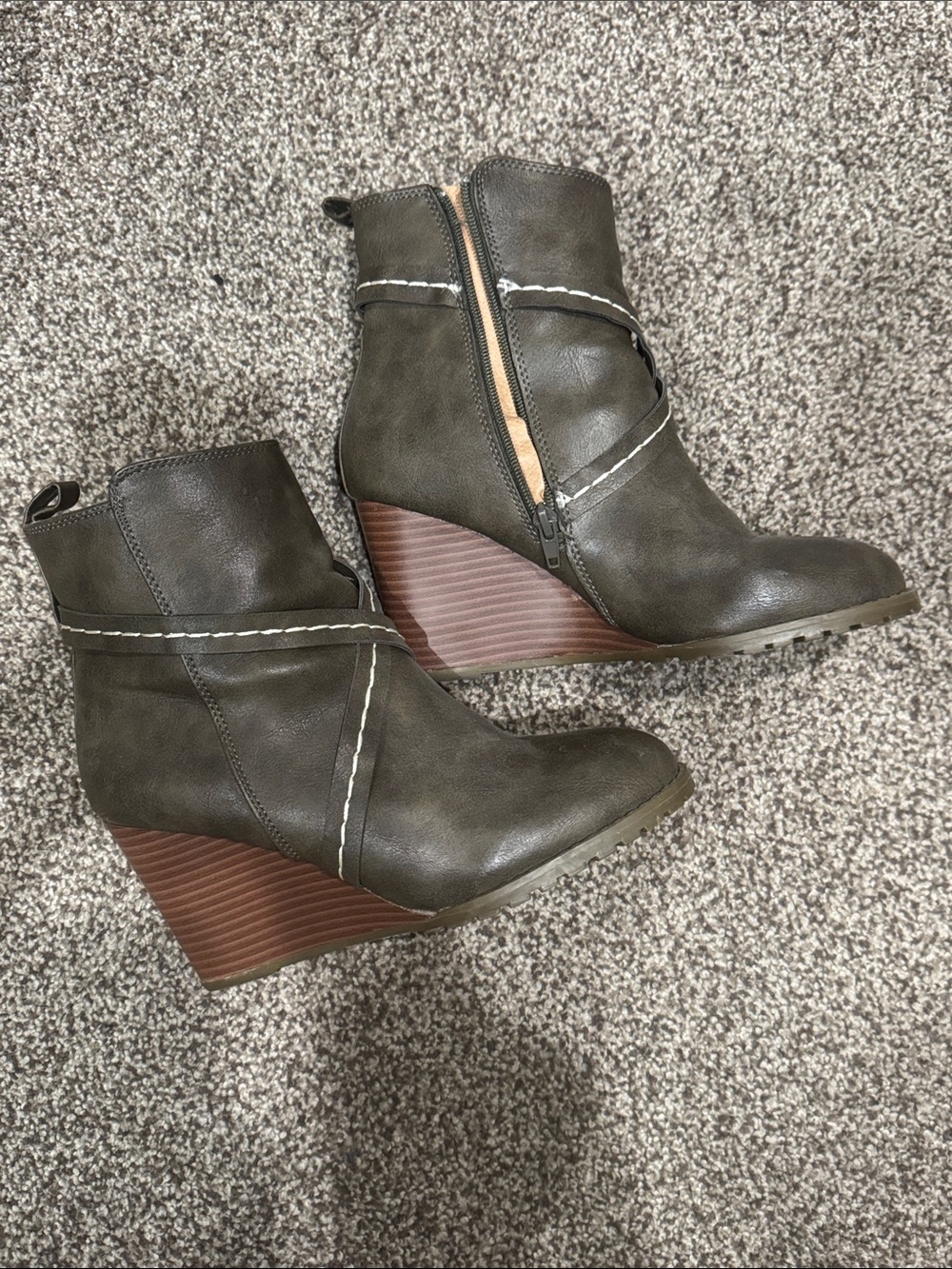 Diba Olive Green Wedge Ankle Boots with Stacked Wood Heel